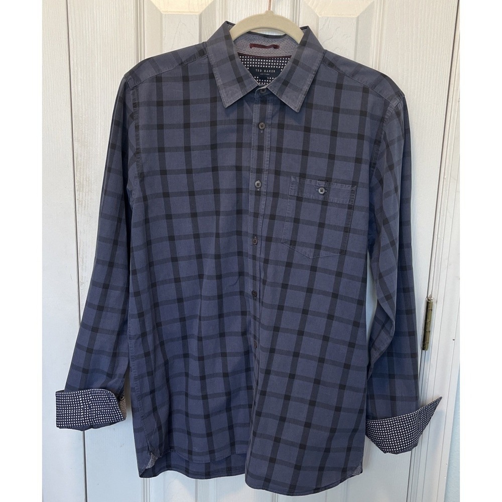 Ted Baker London Mens Navy Black Plaid Button Up Shirt Size 4 L Long Sleeve